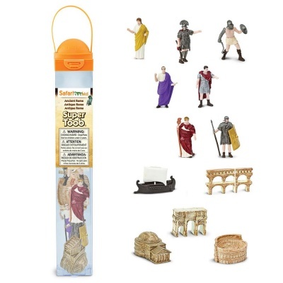 Conjunto de brinquedos históricos romanos Safari Ltd em tubo plástico transparente com figuras e miniaturas de arcos e estádios.