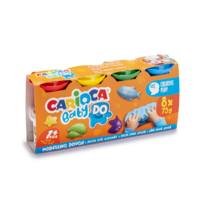 Conjunto de plasticina Carioca Baby DO com 8 potes coloridos e embalagem amarela