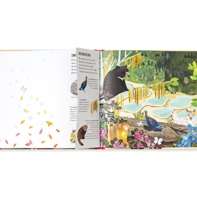 Livro aberto com ilustrações de animais e texto em português.