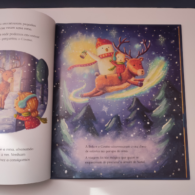 Ilustração de livro infantil com boneco de neve, criança e veado a voar sob céu estrelado