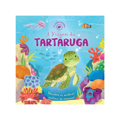 Capa de livro infantil com tartaruga e elementos marinhos coloridos