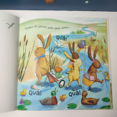 Ilustração de livro infantil com coelhos e patos num rio com texto em português.