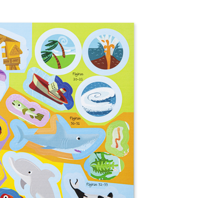 Autocolantes coloridos com animais marinhos, vulcão, barco, palmeira, com texto de páginas