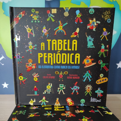 Capa de livro infantil 'A Tabela Periódica' com design colorido e figuras de elementos químicos