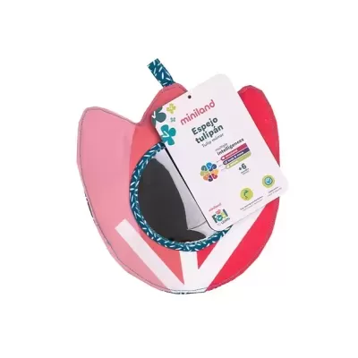 Espelho tulipán Miniland em tecido rosa e vermelho com etiqueta informativa