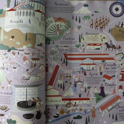 Mapa ilustrativo colorido com desenhos históricos e nomes de locais antigos em francês.