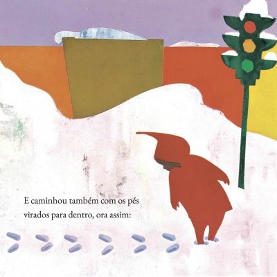 Ilustração de criança na neve com semáforo e texto em português