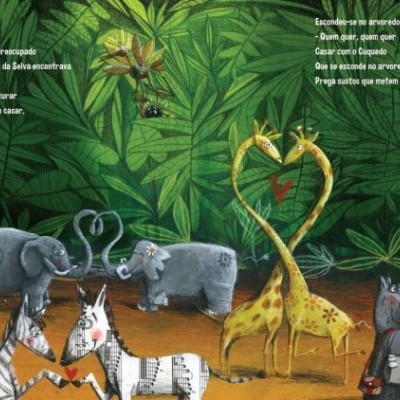 Ilustração de animais da selva com fundo de folhas verdes e animais coloridos a interagir.