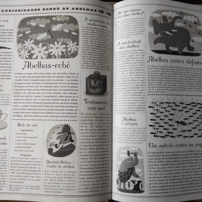 páginas abertas de revista com texto e ilustrações sobre abelhas