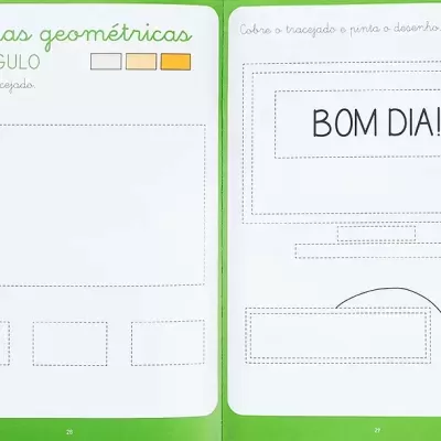 Páginas de livro educativo em português com exercícios de traçado de formas geométricas e texto 'BOM DIA!'