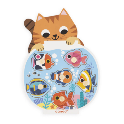 Quebra-cabeças de madeira com peixes coloridos e gato às riscas