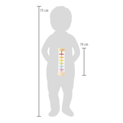 Ampulheta de madeira clara com líquido colorido, altura 19 cm, comparada com criança de 75 cm