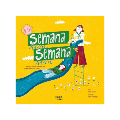 Capa de livro amarelo com título e duas ilustrações de personagens.