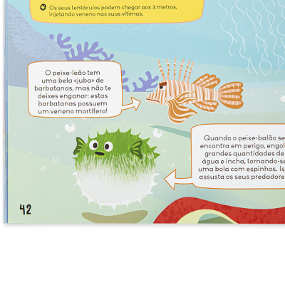Ilustração de peixe-leão laranja, peixe-balão verde e anémona vermelha com texto educativo em português