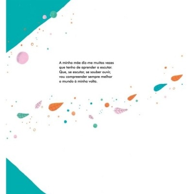 Página branca com texto em português e formas coloridas dispersas