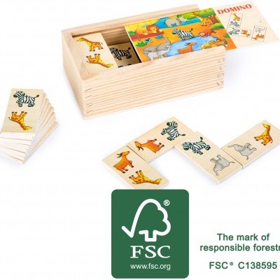 jogo de dominó de madeira com peças ilustradas com animais em caixa de madeira