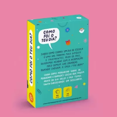Embalagem verde de jogo 'COMO FOI O TEU DIA?' com texto explicativo e ilustrações coloridas