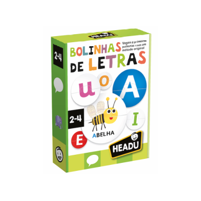 Embalagem do jogo educativo Bolinhas de Letras Headu com imagens e letras coloridas