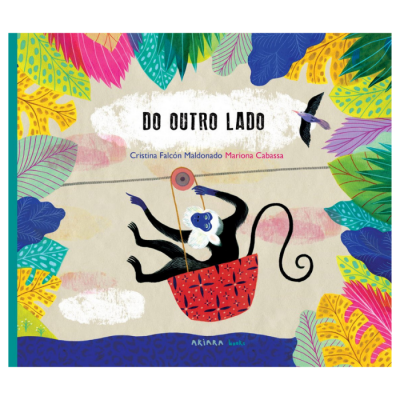 Capa de livro infantil com macaco numa cesta suspensa e folhas coloridas