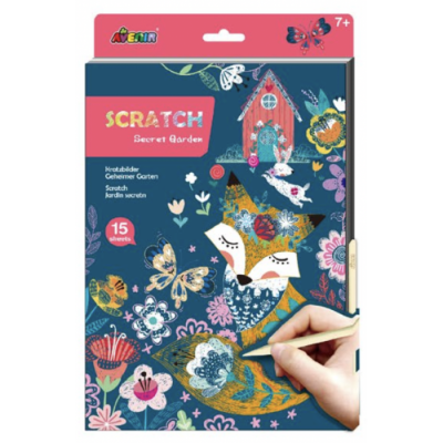 Caixa de produto AVENIR SCRATCH Secret Garden com ilustrações coloridas e mão a raspar folha