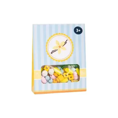 Embalagem de mini marshmallows amarelos, rosa e azuis com cubos amarelos, rótulo azul com flor e '3+'