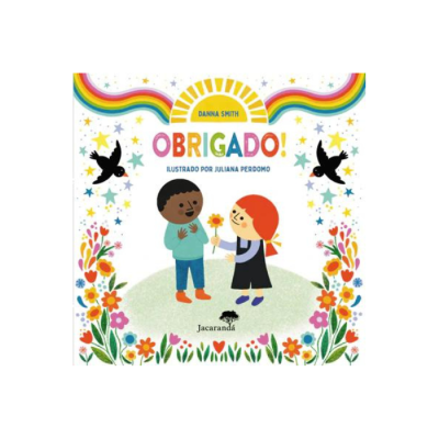 Capa de livro infantil com ilustração colorida e texto Obrigado