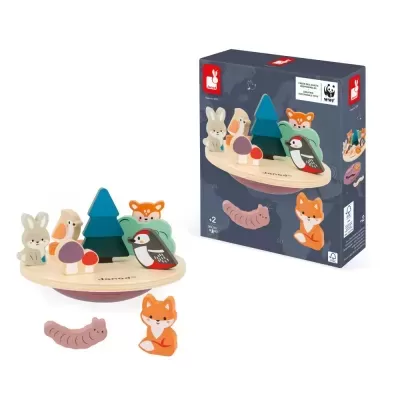 Brinquedo de madeira com animais da floresta e embalagem azul escuro