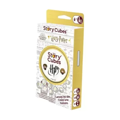 Embalagem do jogo Story Cubes Harry Potter em branco e amarelo