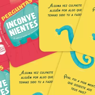 Cartas académicas coloridas com perguntas em português e texto 'INCONVENIENTES' com ilustração azul