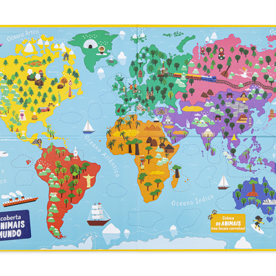 Mapa-múndi colorido com ilustrações de animais e textos em português