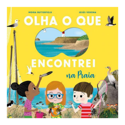 Capa de livro infantil titled 'OLHA O QUE ENCONTREI na Praia' com ilustração de crianças e praia