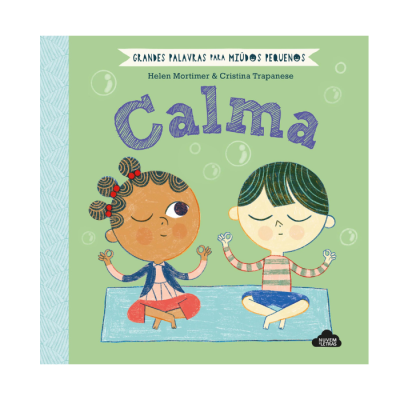 Capa de livro infantil com duas crianças meditando sentadas sobre um tapete azul em fundo verde claro