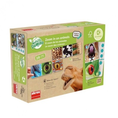 Jogo educativo Natu Domino Zoom in on animals com cartas de detalhes e texturas de animais em caixa de cartão reciclado