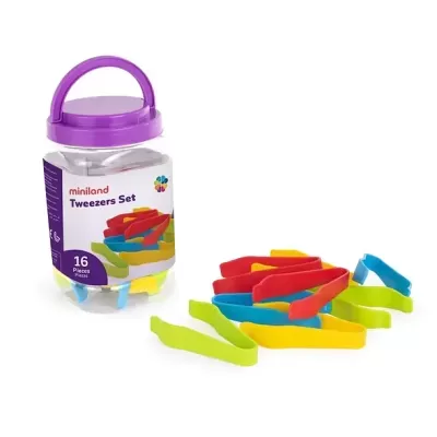 Conjunto de pinças coloridas em plástico embaladas num frasco com tampa roxa