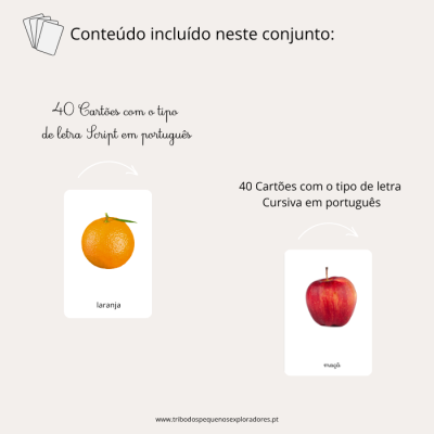Cartões educativos com frutas: laranja em letra Script e maçã em letra Cursiva.