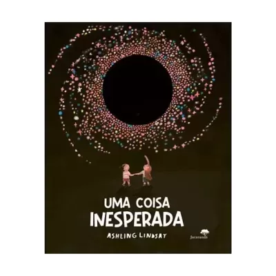 Capa de livro 'UMA COISA INESPERADA' com ilustração de crianças e pontos coloridos