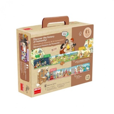 Caixa de jogo educativo sobre a história da humanidade com imagens coloridas e alça castanha