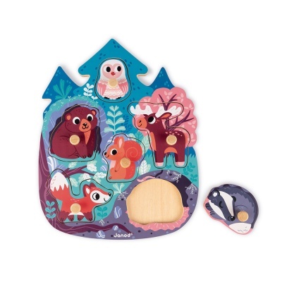 Jogo de encaixe em madeira com animais da floresta coloridos