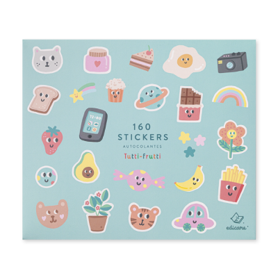 Pacote de autocolantes Tutti-frutti com desenhos coloridos sobre fundo azul claro