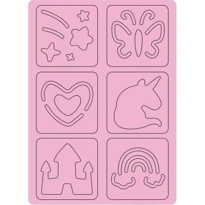 Molde de silicone rosa com formas de estrelas, borboleta, coração, unicórnio, castelo e arco-íris