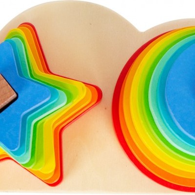 Brinquedo de madeira colorido com peças em forma de estrela e círculo para empilhar