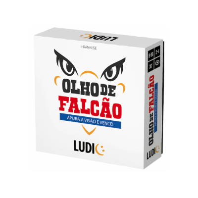 Embalagem branca do jogo Olho de Falcão com olhos de falcão e texto em várias cores