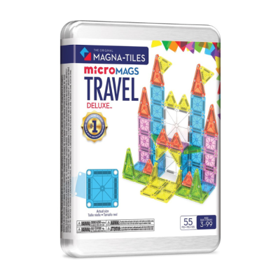 Embalagem de kit de construção magnético Magna-Tiles microMAGS Travel Deluxe com peças coloridas e transparências