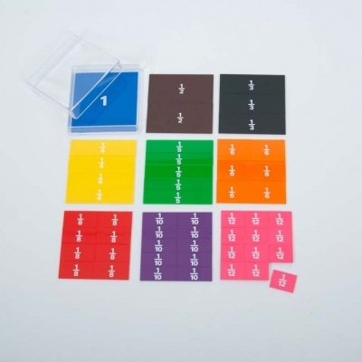 Peças quadradas coloridas com símbolos de fração e divisão sobre fundo branco