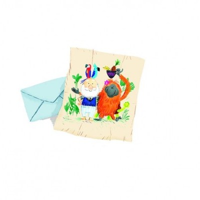 Cartão colorido com desenho de homem, orangotango, aves tropicais e plantas, com envelope azul