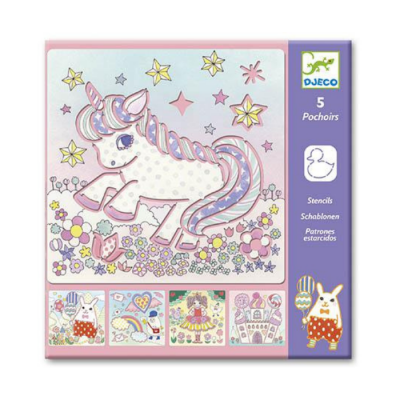 Conjunto de stencils infantis DJECO com desenho de unicórnio, estrelas e flores em embalagem lilás