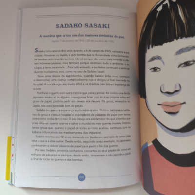 Página de livro com texto em português e ilustração colorida de mulher abstrata