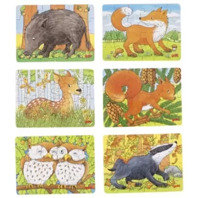 Puzzle infantil com desenhos coloridos de animais da floresta em diferentes cenários naturais
