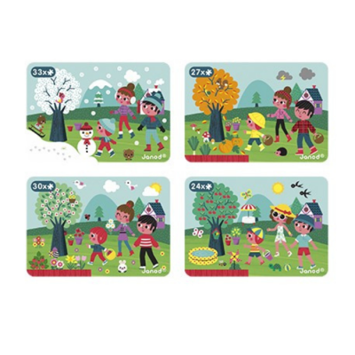 Quatro puzzles infantis coloridos com crianças a brincar em diferentes estações, com indicações do número de peças.