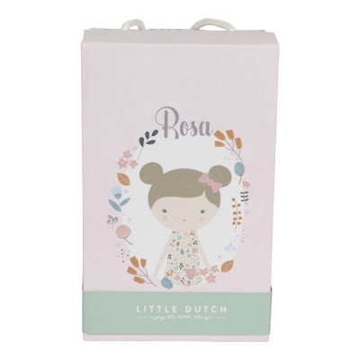 Caixa de embalagem rosa e verde com ilustração de menina e texto Rosa Little Dutch